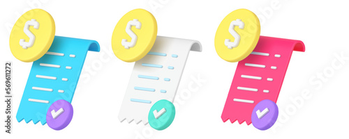 Success payment paper receipt banking purchase financial guarantee 3d icon set realistic vector