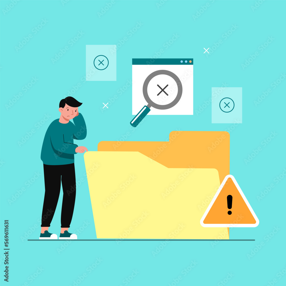 Young man find and lost data in folder flat vector Young man find and lost data in folder flat vector