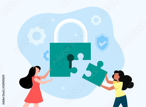 Happy girls and security lock puzzle with jigsaw keyword