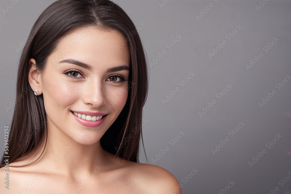 Beautiful woman brunette beauty close-up portrait on gray background. Generative AI - obrazy, fototapety, plakaty 