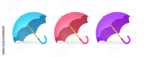 Open umbrella fashion accessory rain sun shadow protection 3d icon set realistic vector illustration