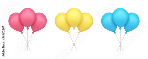 Air balloon on stick colored bunch helium rubber greeting festive holiday 3d icon realistic vector