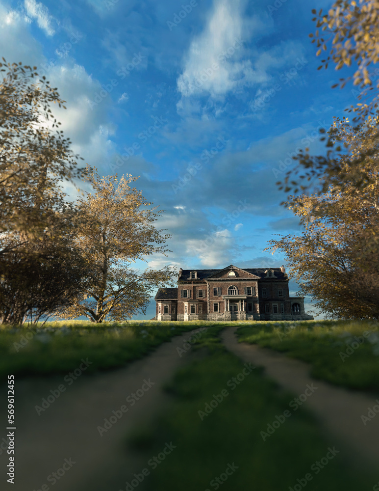 Obraz premium Manor with lit window in countryside under blue cloudy sky. 3D render.