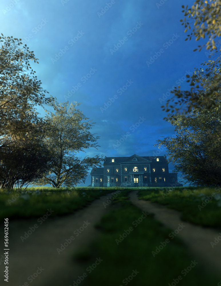 Obraz premium Manor with lit windows in countryside at dusk. 3D render.