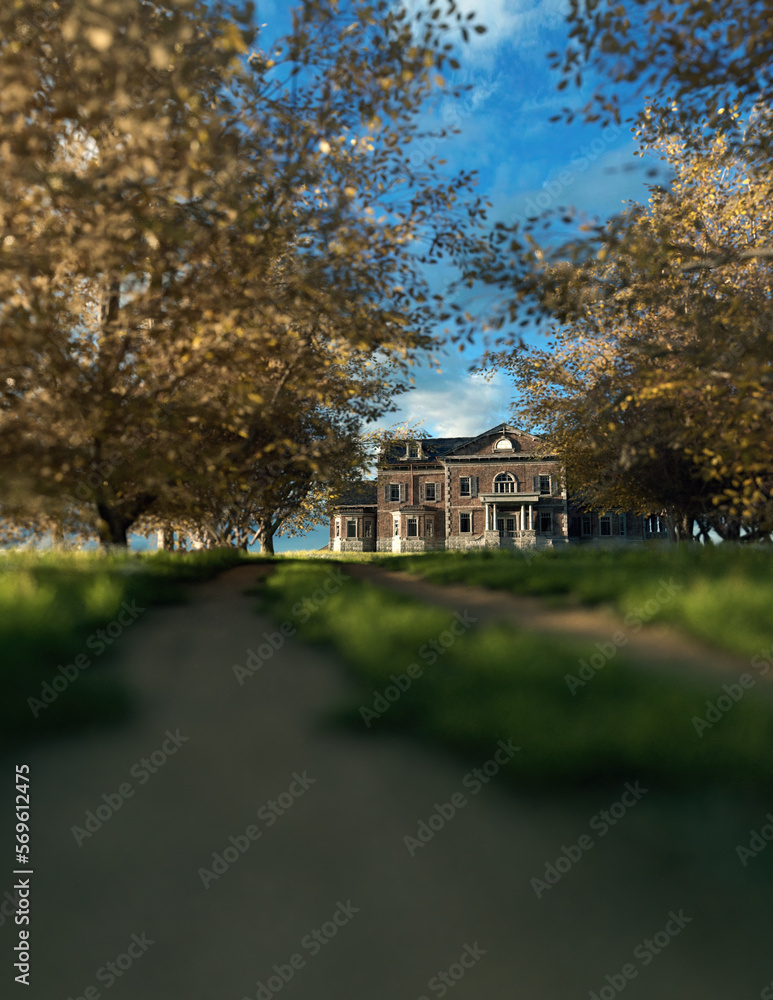 Manor with lit window in countryside under blue cloudy sky. 3D render.