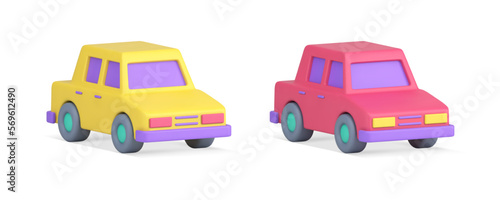 Auto car yellow pink city transportation passenger sedan automobile driving 3d icon set vector
