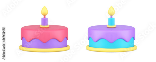 Birthday cake with one burning candle melting icing sweet delicious 3d icon set realistic vector