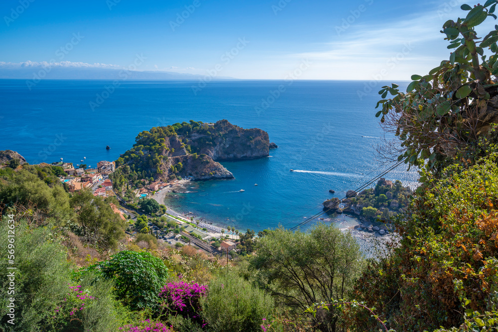 View from Taormina lookout down to Mazzaro and Ionian Sea, Taormina, Sicily, Italy, Mediterranean, Europe View from Taormina lookout down to Mazzaro and Ionian Sea, Taormina, Sicily, Italy, Mediterranean, Europe
