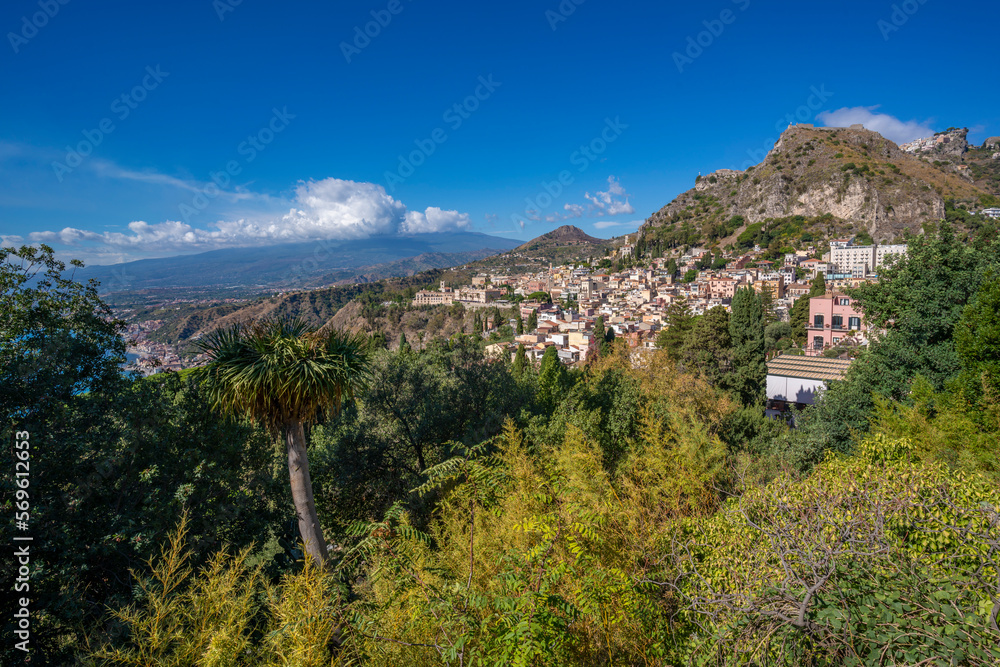 View of Taormina and Mount Etna from the Greek Theatre, Taormina, Sicily, Italy, Mediterranean, Europe View of Taormina and Mount Etna from the Greek Theatre, Taormina, Sicily, Italy, Mediterranean, Europe