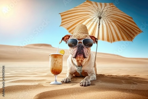 Dog in the Desert - Swimming Suit, Sunglasses, and a Cocktail for a Refreshment Generative AI © Lucija