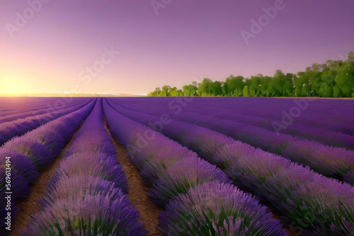 Lavender field and evening sky. AI generated.