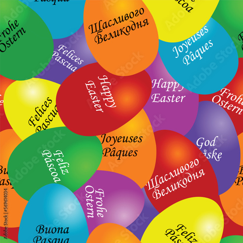 Colored eggs with the message Happy Easter in different languages