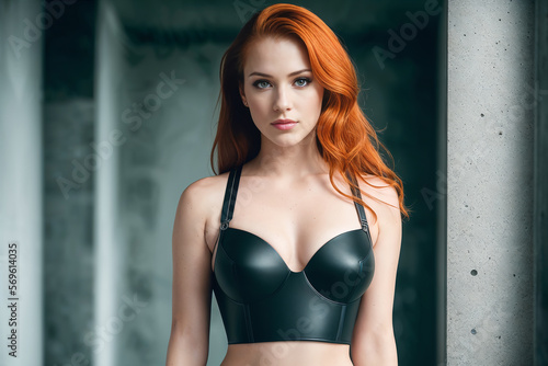 Redhead sexy woman in black lingerie top and black lingerie fetish on body. Generative AI