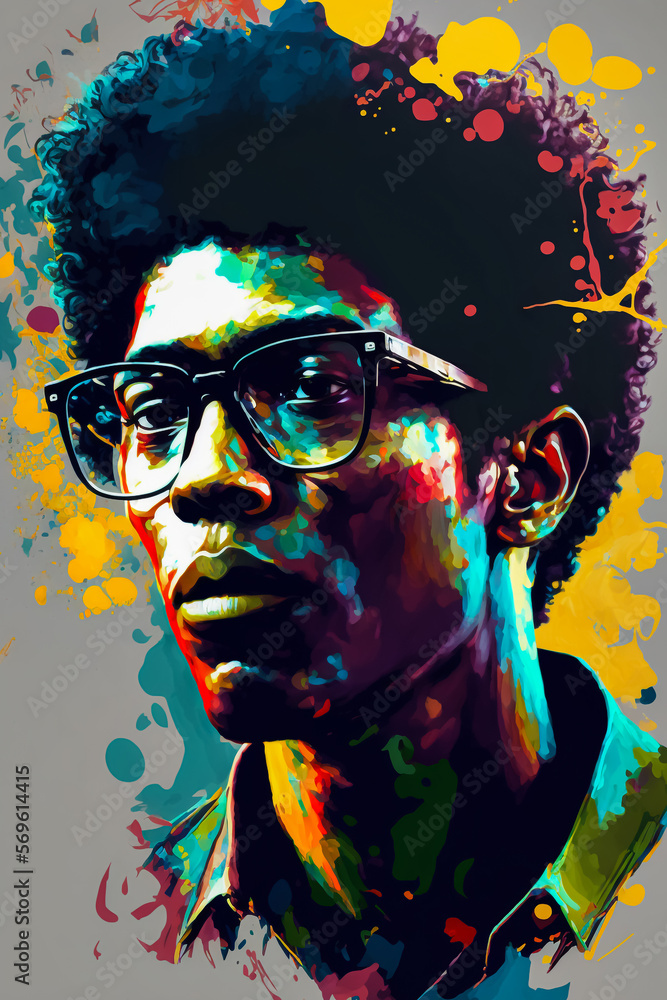 Abstract painting concept. Colorful art portrait of a young afro man with  glasses. African culture. Generative AI. Stock-illustration | Adobe Stock
