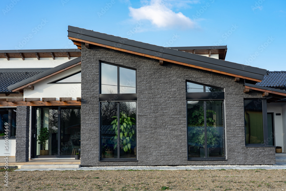 modern home house with nature vibe wooden rocky details and plants and big windows