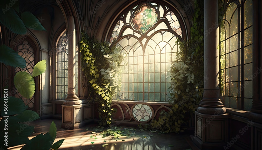 Botanical Garden: A stunning display of lianas and plants in a botanical garden, surrounded by a beautiful stained-glass window. The plants are rich with color and texture, generative ai