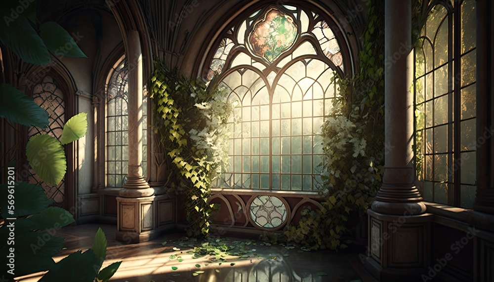 Botanical Garden: A stunning display of lianas and plants in a botanical garden, surrounded by a beautiful stained-glass window. The plants are rich with color and texture, generative ai Botanical Garden: A stunning display of lianas and plants in a botanical garden, surrounded by a beautiful stained-glass window. The plants are rich with color and texture, generative ai