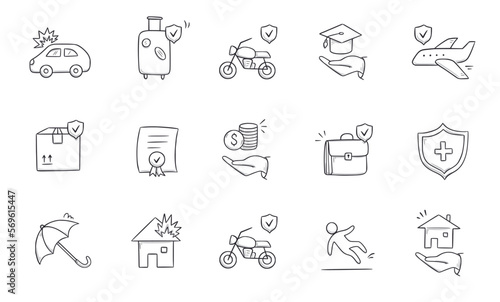 Insurance doodle icon set. Hand drawn sketch life shield, insurance umbrella, medical safety icon set. Health safety, car accident, house protect vector illustration.