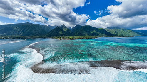 Aerial of Teahupoo wave and Tahiti Iti, Society Islands, French Polynesia, South Pacific, Pacific photo