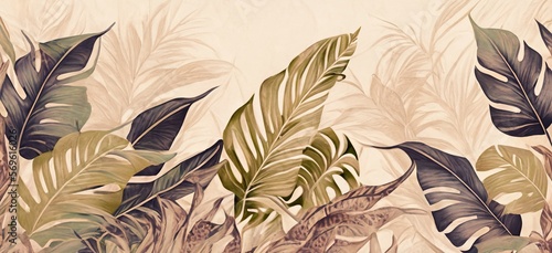 Tropical Leaves. Jungle. Nature. Beige. Wallpaper background. Plants. Texture. Generative AI.