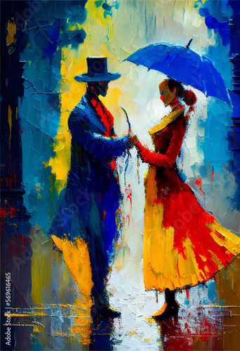 Casal dançando na chuva - tons de azul, amarelo e vermelho