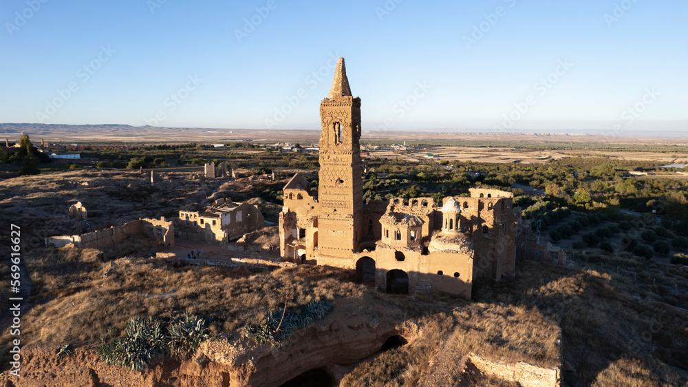 church ruins St. Martin of Tours in Belchite, aerial view