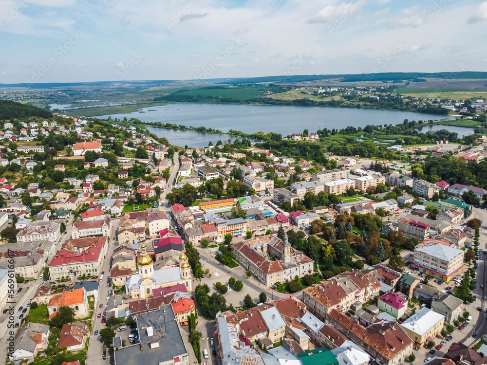 Aerial vIew city of Berezhany by drone. Summer Ukraine Ternopil region, West Ukraine.