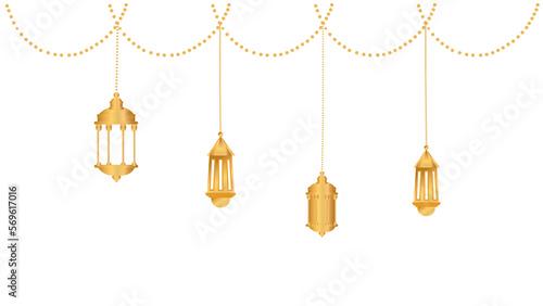 Arabic traditional Ramadan Kareem eastern hanging golden lanterns strings on PNG white transparent background wallpaper, Vector stock illustration 05