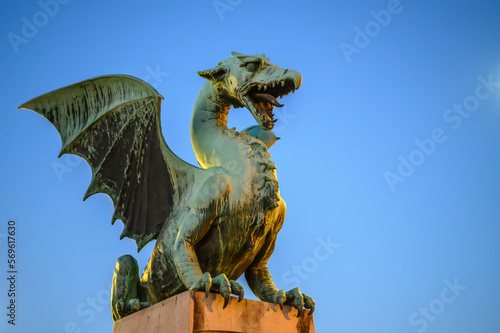 Dragon bridge and the Dragon statue in Ljubljana