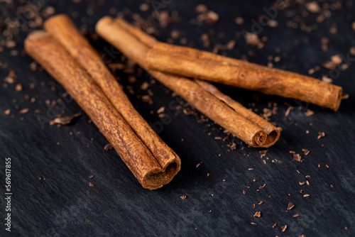 White aromatic cinnamon spices, close up