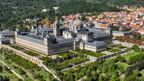 Aerial of El Escorial (Royal Site of San Lorenzo de El Escorial), UNESCO World Heritage Site, near Madrid, Spain, Europe