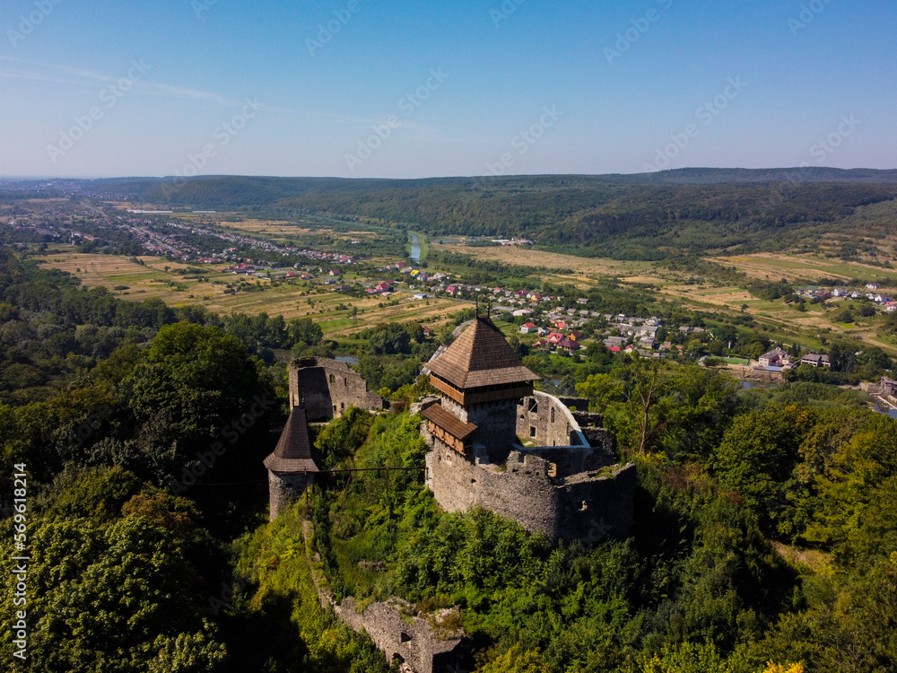 Aerial vIew by drone. Summer. Nevytske castle, fortess, Zakarpattia Ukraine Castles 

