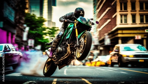 Streetbike doing wheelie in the city, sketch style, colorful, wide lens