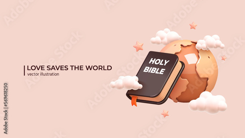 3D Bible and Earth. Realistic 3d design of Holy Bible Earth Planet with Clouds and Stars around. Better World Concept in cartoon minimal style. Vector illustration