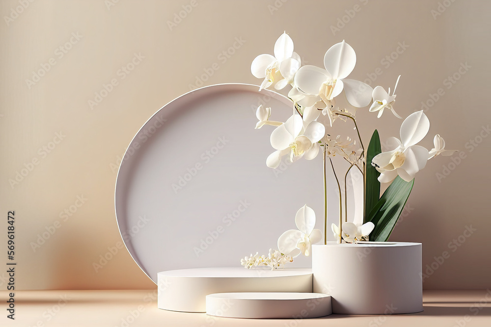 3D podium, pedestal round frame on beige background with vases of white orchid flowers. Fresh beauty or tropical summer vibes with copy space. Holiday, vacation 3d render with empty space	
 - obrazy, fototapety, plakaty 