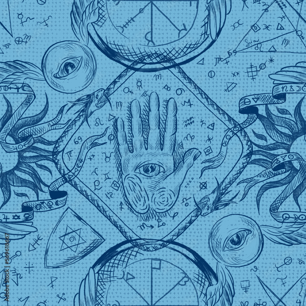 Obraz premium Seamless pattern with magical elements: hands, stars, sun,moon,eyes.