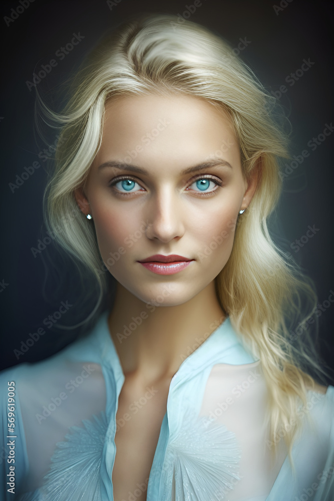 beautiful blonde women ice blue eyes slight smile. Generative AI beautiful blonde women ice blue eyes slight smile. Generative AI