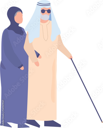 A woman leads a blind man to an Arab family.