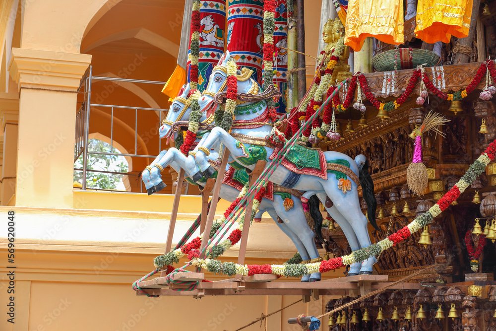 Beautiful lord Brahma wooden statue on Big Temple Chariot	

