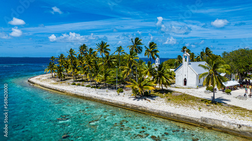 Aerial of an old Christian church, Amaru, Tuamotu Islands, French Polynesia, South Pacific, Pacific