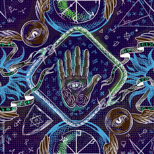 Seamless pattern with magical elements: hands, stars, sun,moon,eyes.