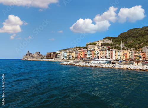 Beautiful medieval fisherman town of Portovenere bay (near Cinque Terre, Liguria, Italy). Harbor wit boats and yachts. People are unrecognizable.