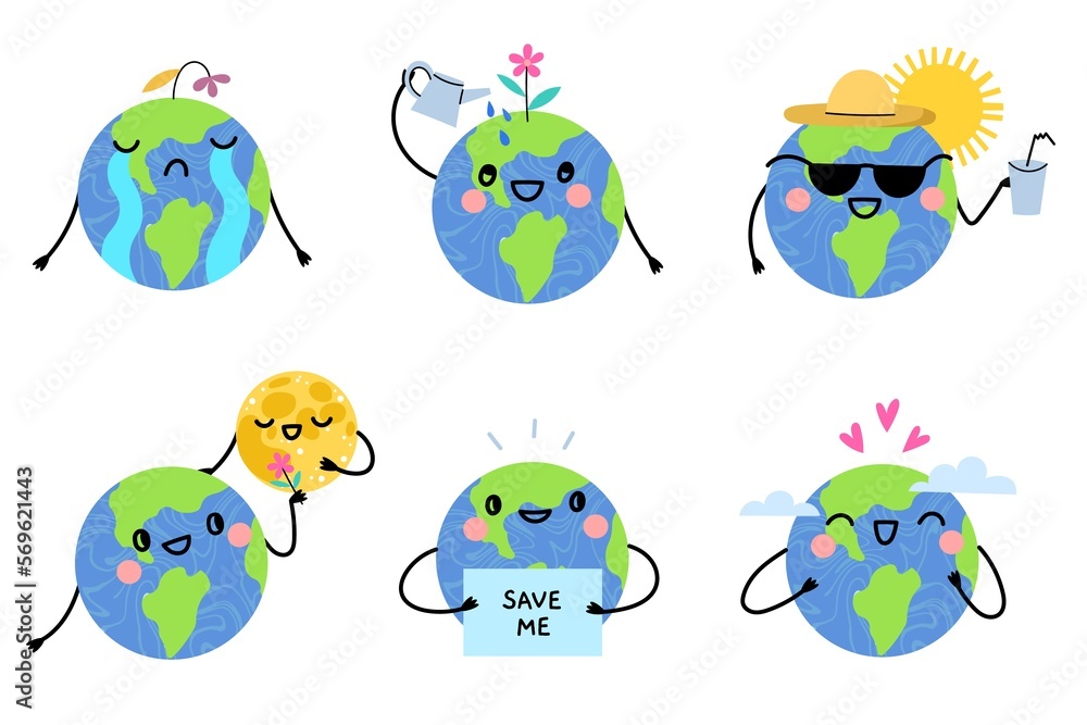 Cute Earths. Cute planet character, funny ecological mascot, different emotions, cartoon emoji, kawaii smiling and sad faces, vector set