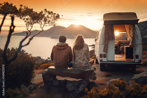 Foto Young couple sits on a hill above the sea next to their camper van and looks at