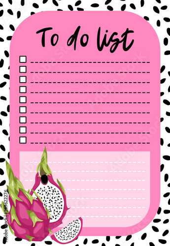 Daily planner, pink to-do list decorated pitahaya dragon fruit illustrations and trendy lettering