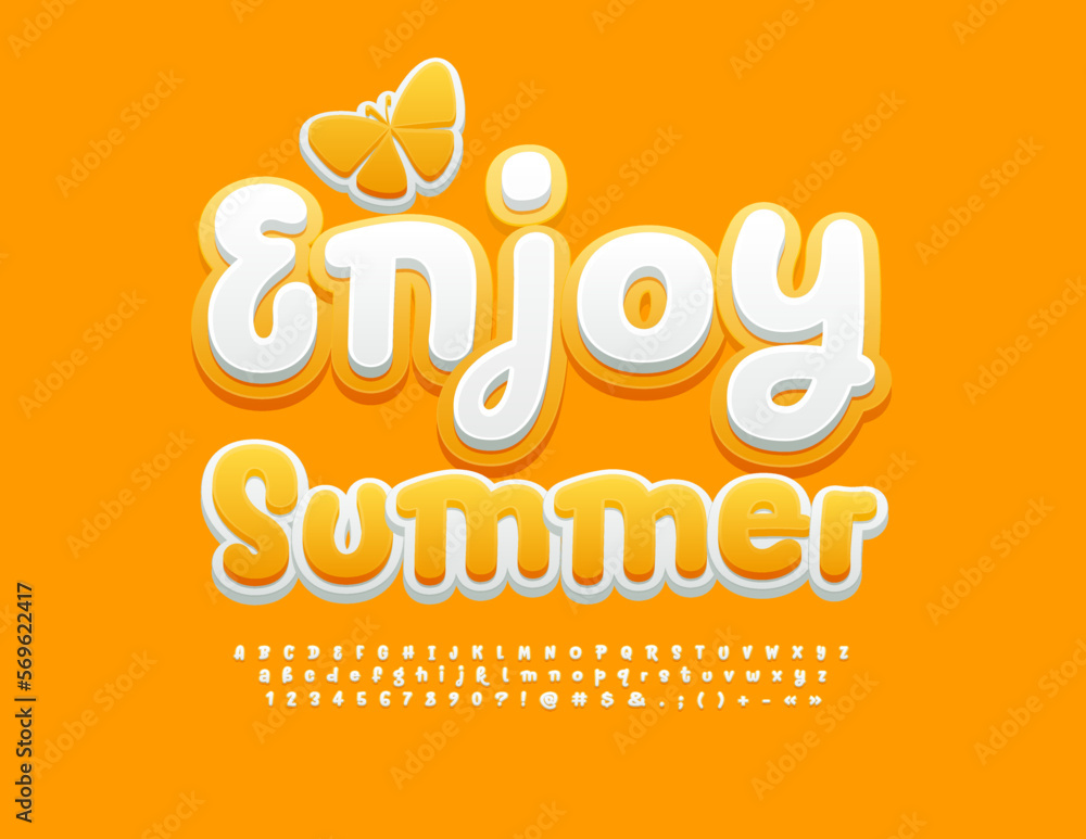 Vector sunny Emblem Enjoy Summer. Funny Yellow and White 3D Font. Playful style Alphabet Letters, Numbers and Symbols set
