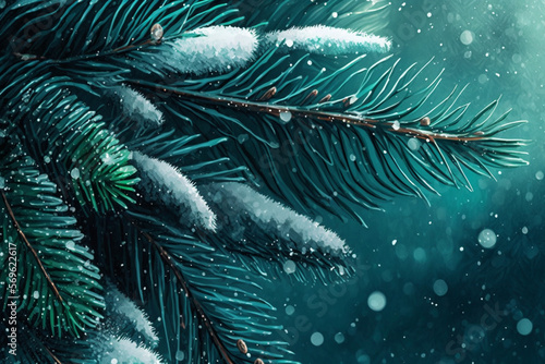 Snow fall in winter forest. Christmas new year magic. Blue spruce fir tree branches Generative AI