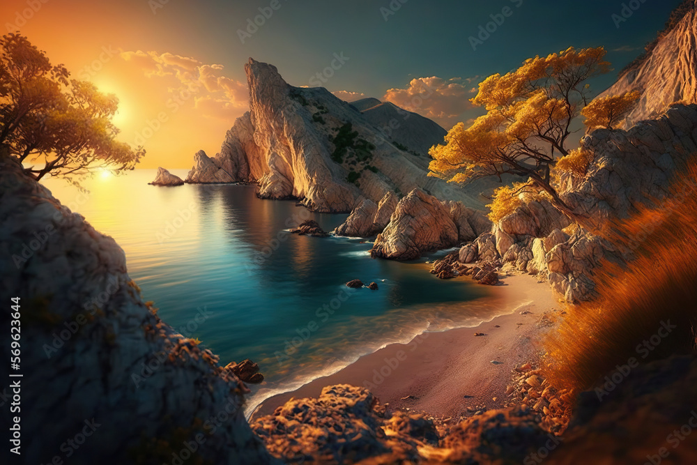 Picturesque sea bay in sunset light. Essence of peaceful coastal escape in golden colors. Based on Generative AI Picturesque sea bay in sunset light. Essence of peaceful coastal escape in golden colors. Based on Generative AI
