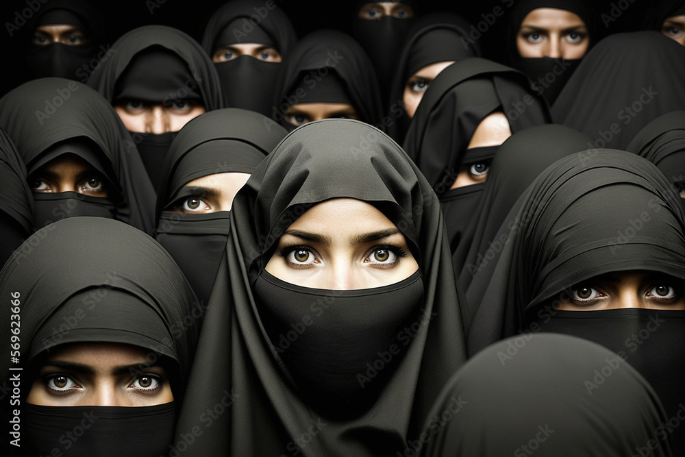 Crowd of young women in traditional Muslim hijab portrait close-up with their faces covered on a city street among a crowd of people protesting on the street, black hijab shawl. Generative AI Crowd of young women in traditional Muslim hijab portrait close-up with their faces covered on a city street among a crowd of people protesting on the street, black hijab shawl. Generative AI