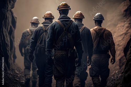 Group Of Mine Workers Wearing Hardhats And Helmets Go Into Pit Generative AI